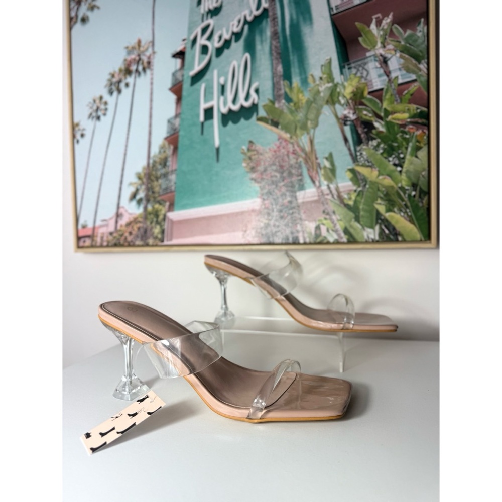 MySoft Nude Clear Square Toe Strappy Stiletto Mules Heels Transparent Size 11